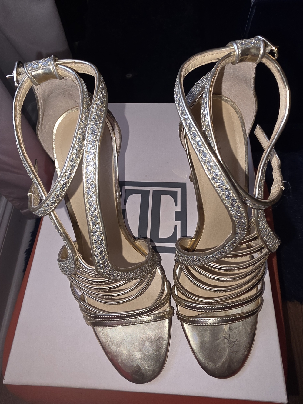 Ivanka Trump Gold Crystal Strappy High Heel Sandals